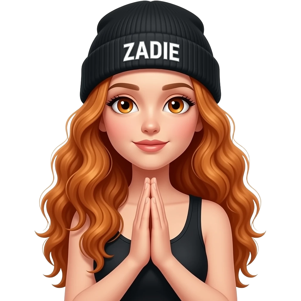 sexy girl with overlong wavy ginger hair and ginger eyes wearing a black tanktop and a black beanie with ZADIE written on it,  is praying emoji