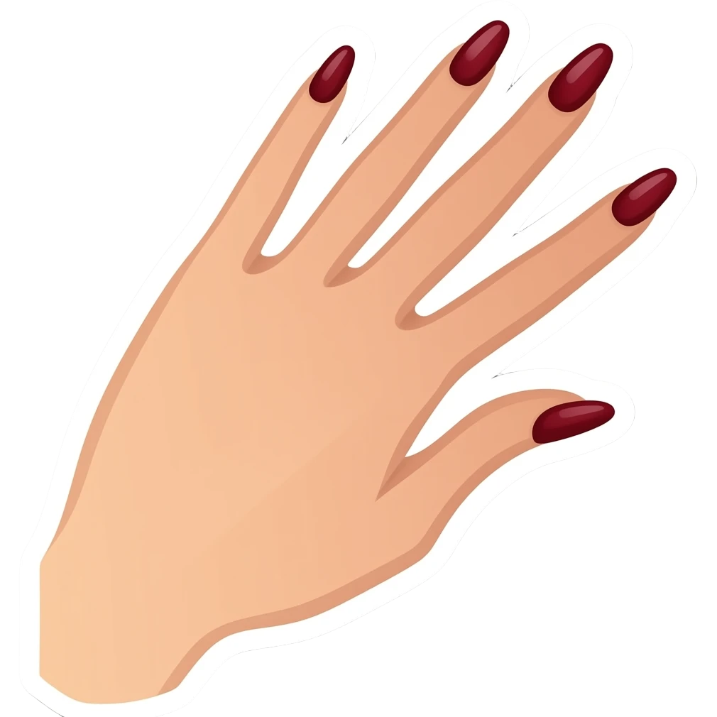 Vintage vector emoji sticker, elegant female hand with long dark burgundy nails, finger covering lips with faded rose lipstick, flat illustration, white background emoji