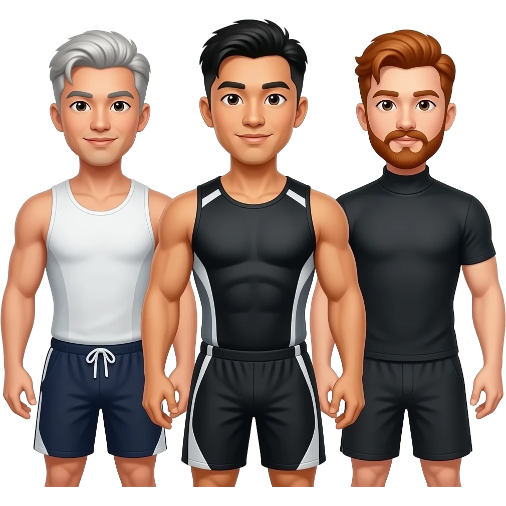 Gay throuple, one white guy with brown hair in a tank top and very short shorts, one muscular Asian man with great hair in a gym outfit, and one redhead with a mustache in a turtleneck emoji
