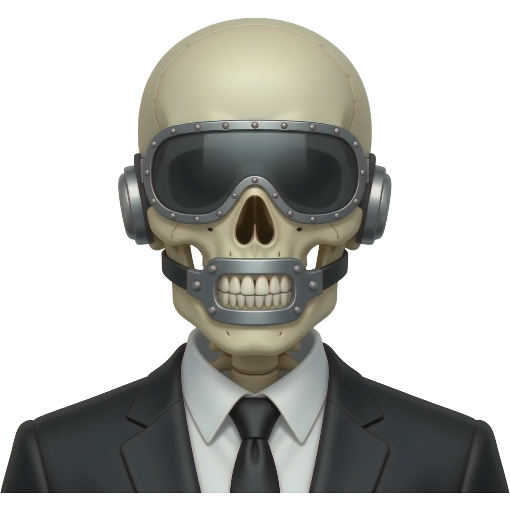 a skeletal figure wearing a  suit who embodies the phrase "See no evil, hear no evil, speak no evil" as well as a symbol of censorship. His eyes are covered by a riveted-on visor, his mouth is clamped shut, and his ears are closed with metal caps emoji