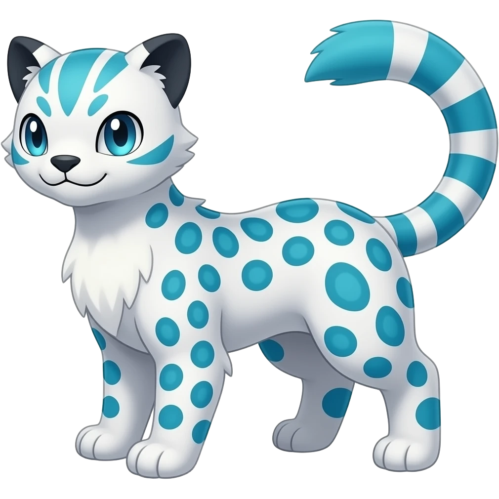 Colorful Meloetta-Sergal-Snow-Leopard-Civet-Genet-Pokémon-Digimon-Fakémon-fusion-hybrid-creature with Cyan stripes and blue leopard-spot-markings emoji