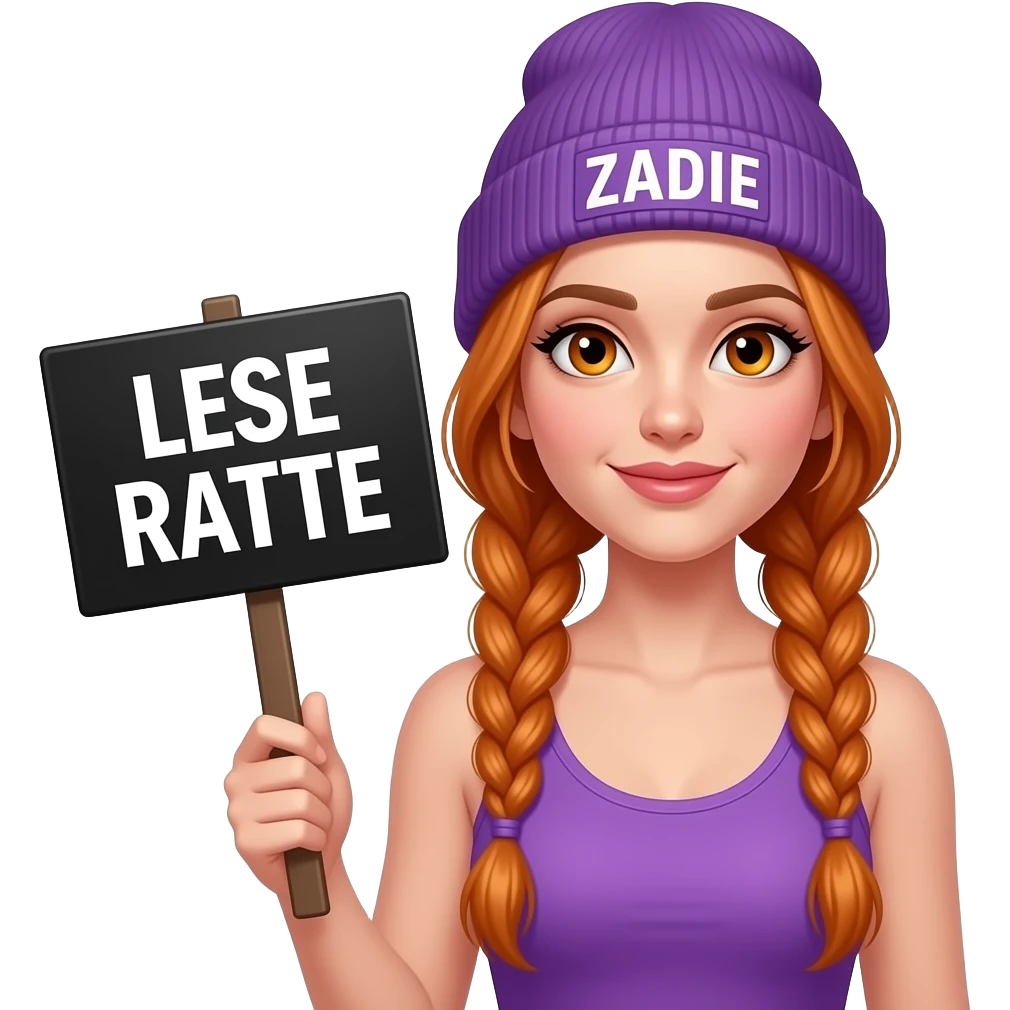 sexy girl with overlong ginger braids and ginger eyes wearing a purple tanktop and a purple beanie with ZADIE written on it, is holding a black sign with LESE RATTE written on it emoji