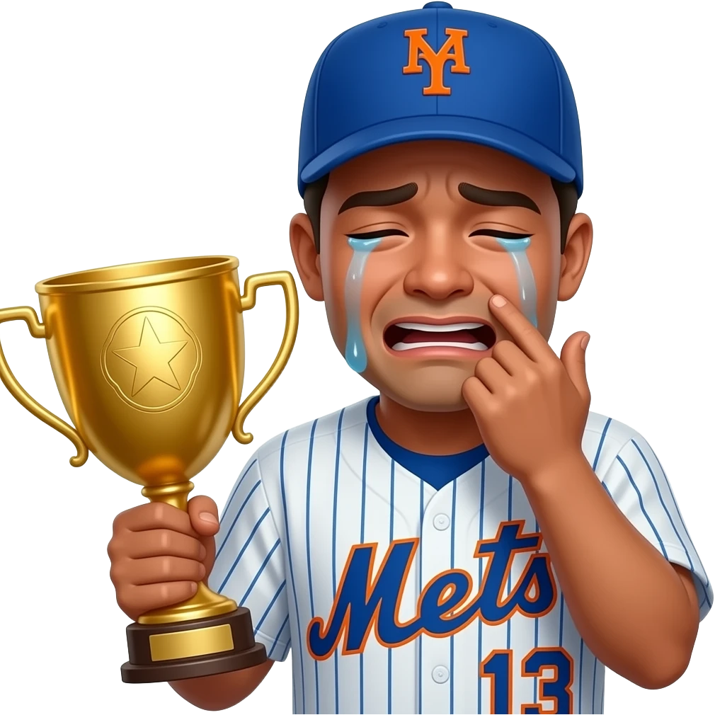 A Mets fan crying while holding a fantasy baseball trophy emoji