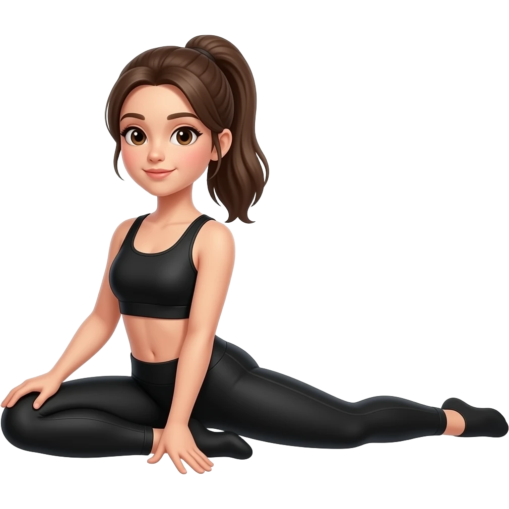 Girl dancers wearing black workout clothes, with brown hair brown eyes and  in ponytail, doing the middle split emoji