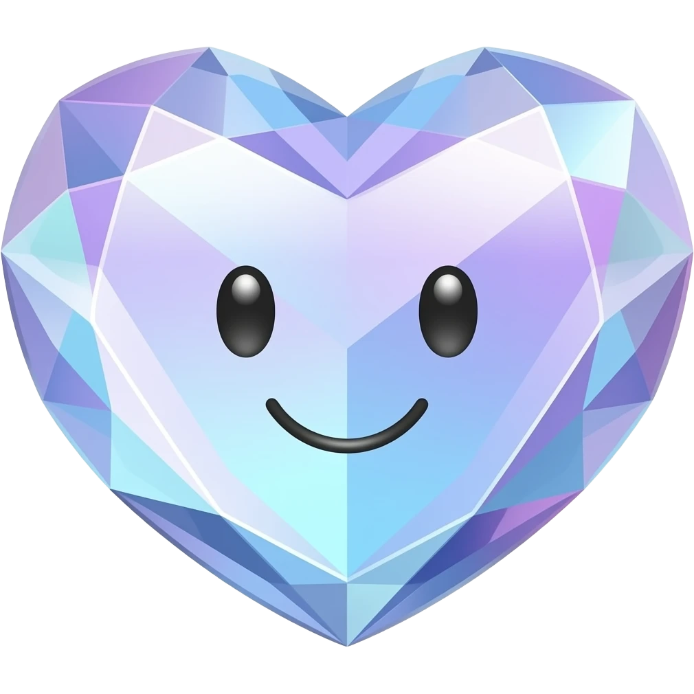 Pastel lavender and sky blue iridescent Crystal heart with a cute smiley face emoji