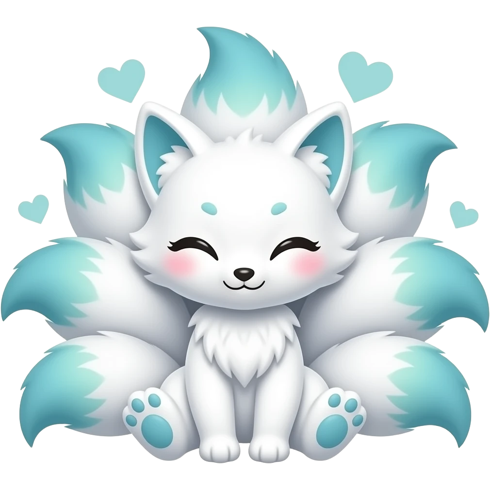 Loving with hearts around it White Nine kitsune tail with blue green ombre tips on the tails and paws loving up on a stuffed kitsune animal emoji
