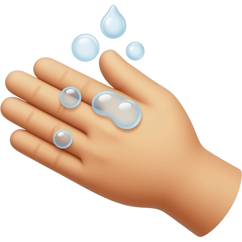 Design a simple flat icon of a hand being washed, using minimal shapes. Include small bubbles to indicate cleaning. Use a clean, modern style with soft colors, no outlines, and a white background. Keep it highly legible at small sizes. emoji
