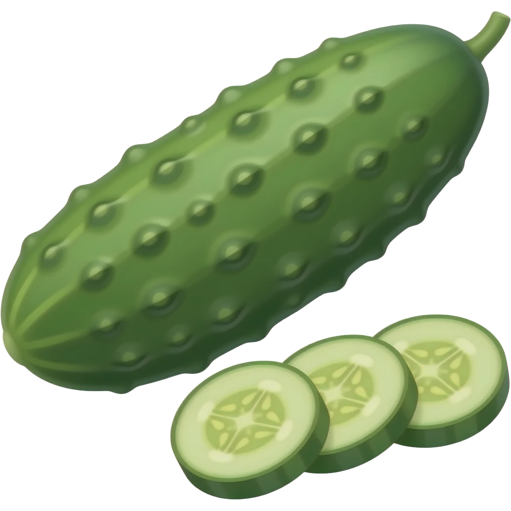 slightly incised whole Cucumber and four sliced Cucumber emoji