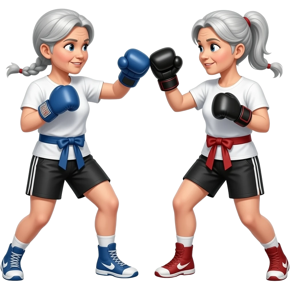 One woman kickboxing against another. Make them older and both Caucasian. emoji