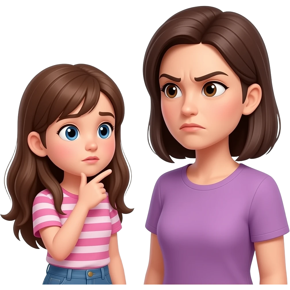 teen girl long hair, asking adult women  a question women straight face mad emoji