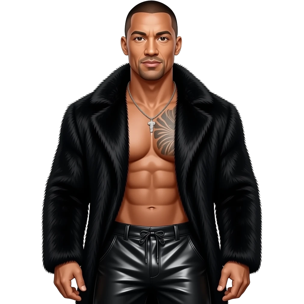 Dwayne Johnson with brown eyes, black buzz cut hair, black fur coat, black metallic baggy pants, shirtless with necklace emoji