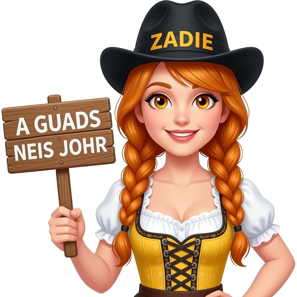 sexy girl with overlong ginger braids and ginger eyes wearing a yellow dirndl and a black bavarian hat with ZADIE written on it, is holding a wood sign with A GUADS NEIS JOHR written on it emoji
