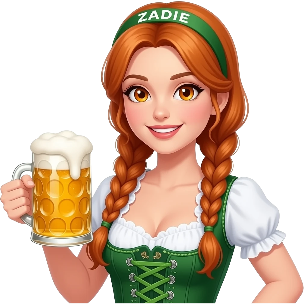 sexy girl with overlong ginger braids and ginger eyes wearing a green dirndl and a green headband with ZADIE written on it, is holding a mass beer emoji