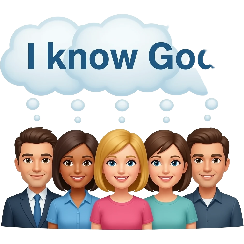 A group of people with thought bubbles above their head. All of the thought bubles say "I know God" emoji