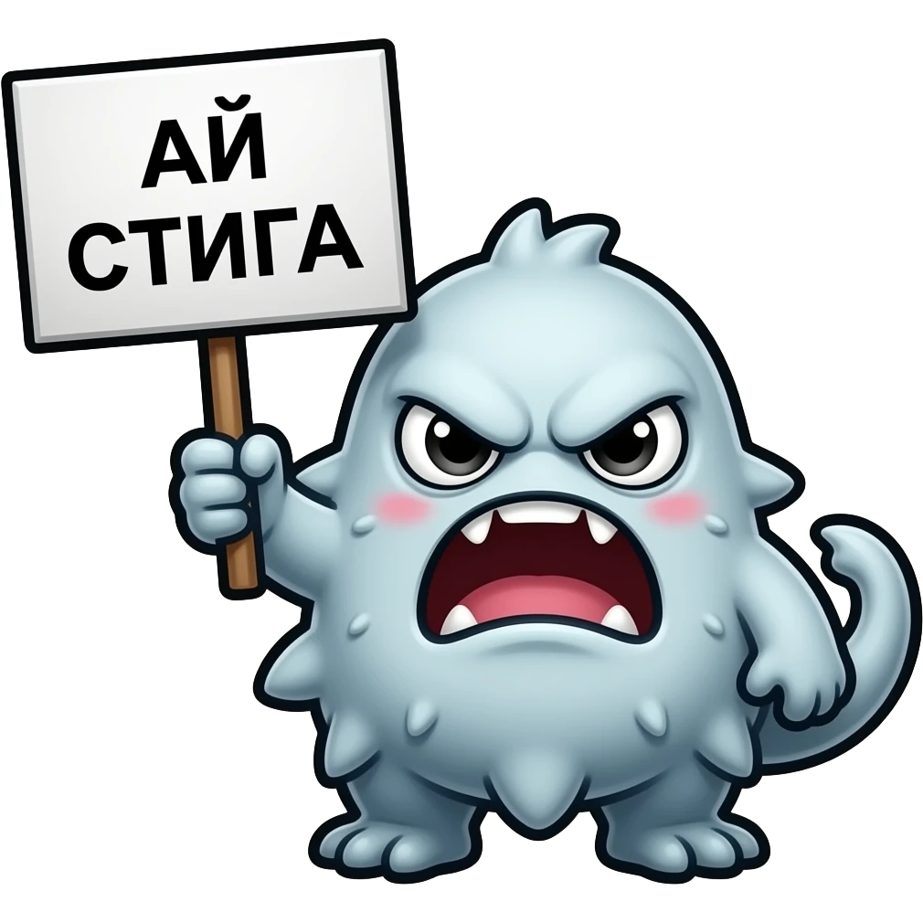 cute twitch emote, tiny chaotic creature holding a sign that says “АЙ СТИгА”, dramatic angry expression, meme energy, thick black outline, transparent background, BTTV style, ultra readable at small size emoji
