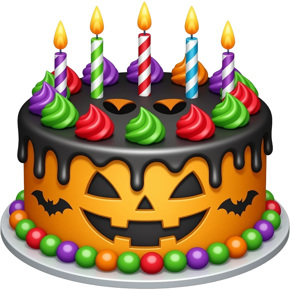 Halloween birthday cake, with black orange, green, red, and purple emoji