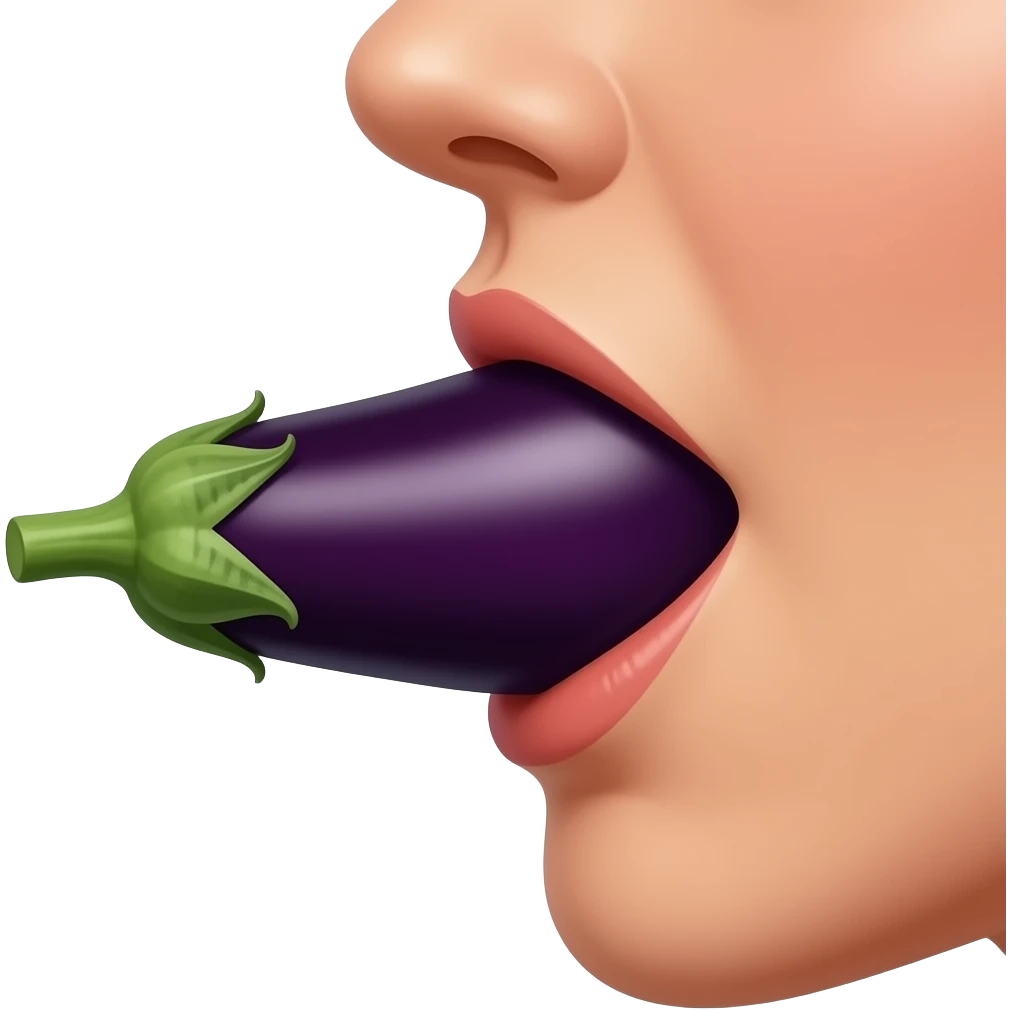 Side view of an eggplant entirely inside a woman’s mouth emoji