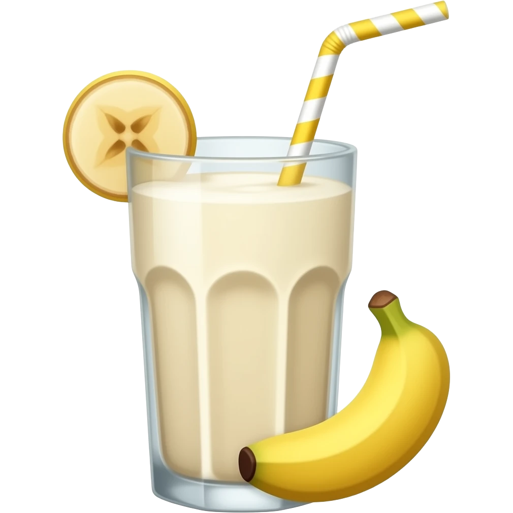 Banana Milkshake, old 50s style milkshake glass, banana slice in side of glass, yellow striped straw, , glass only emoji