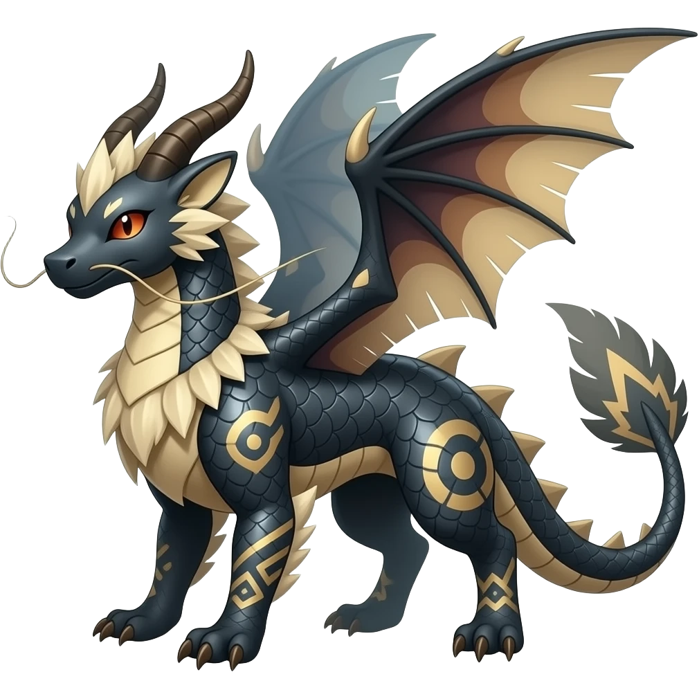 scaly shiny frilled spiky frilly feathery raptorik finned patterned tribal-patterned digitigrade quadrupedal Vaporeon-Salandit-Umbreon-Salamence-hybrid with long thin dragon whiskers emoji
