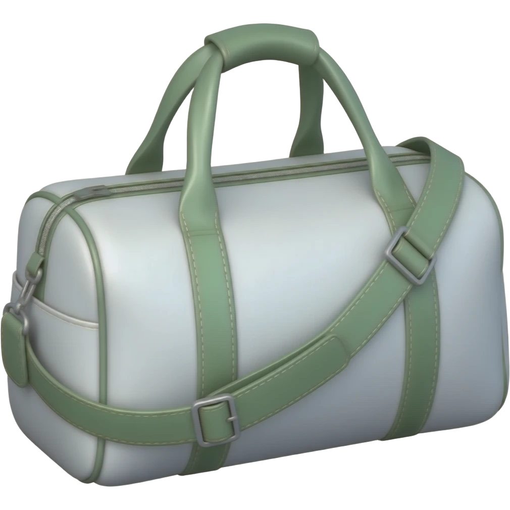 Apple iOS style white sports bag emoji, glossy 3D duffel bag, green accent details, minimal luxury design, front-facing, smooth shading, ultra detailed, clean background, premium iOS emoji aesthetic emoji