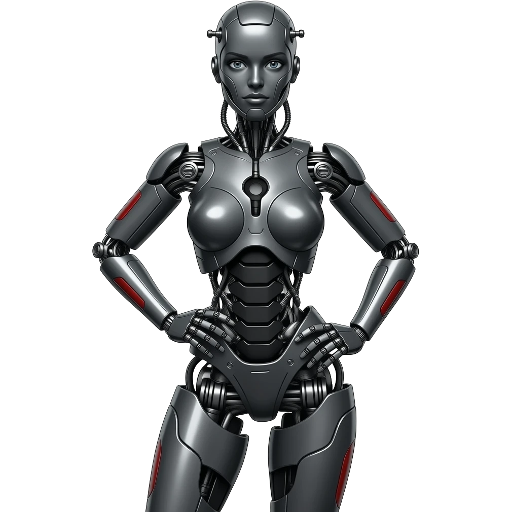 A mechanical woman made of dark gray steel with black and red markings,no human features, only robot features, entire body, sexy pose, robot face, full body pose emoji