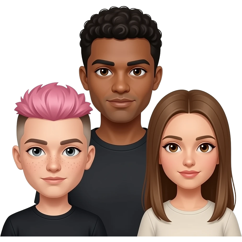 three people: short nonbinary person with short pink hair, brown eyebrows, and a brown undercut with pale skin, gray eyes and freckles, a tall olive-skinned man with dark brown eyes + very short curly hair, and a medium height woman with light tan skin, light brown straight long hair, and brown eyes emoji