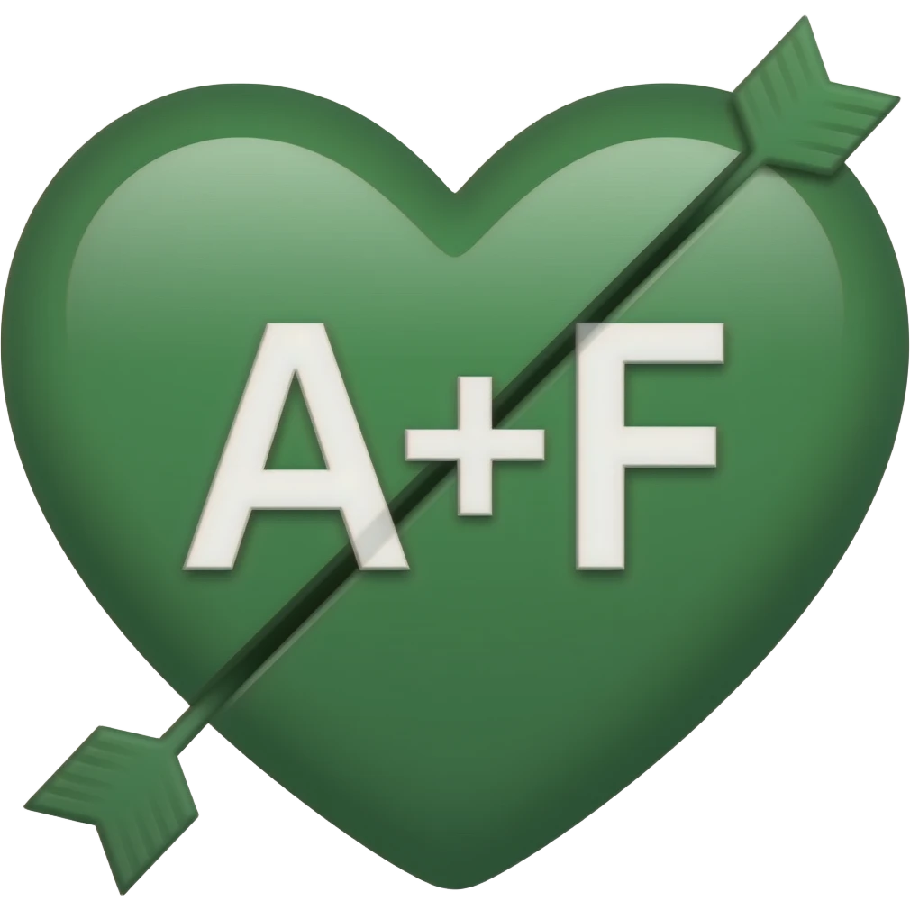 Dark green Heart with arrow going through it with “A+F” in the middle of the heart emoji