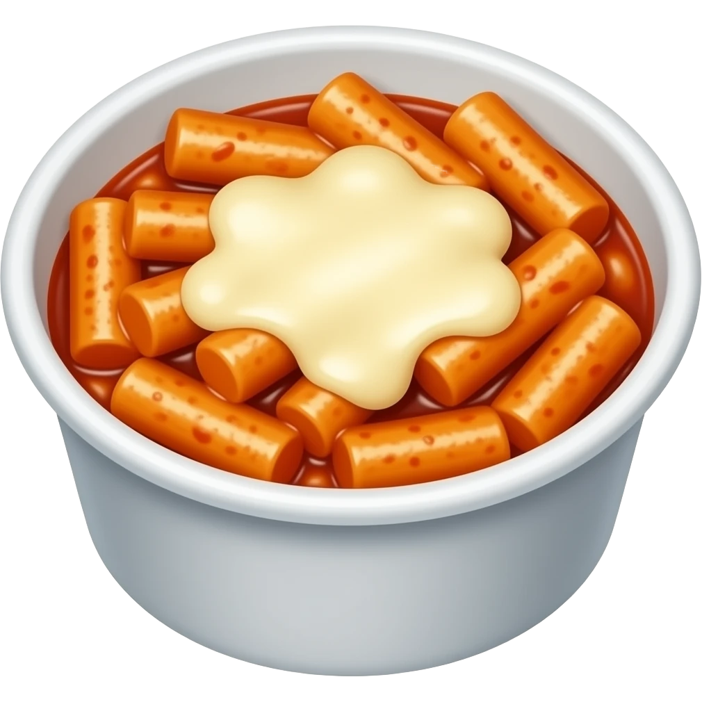 korean tteokbokki with melted mozzarella cheese in white round disposable container emoji