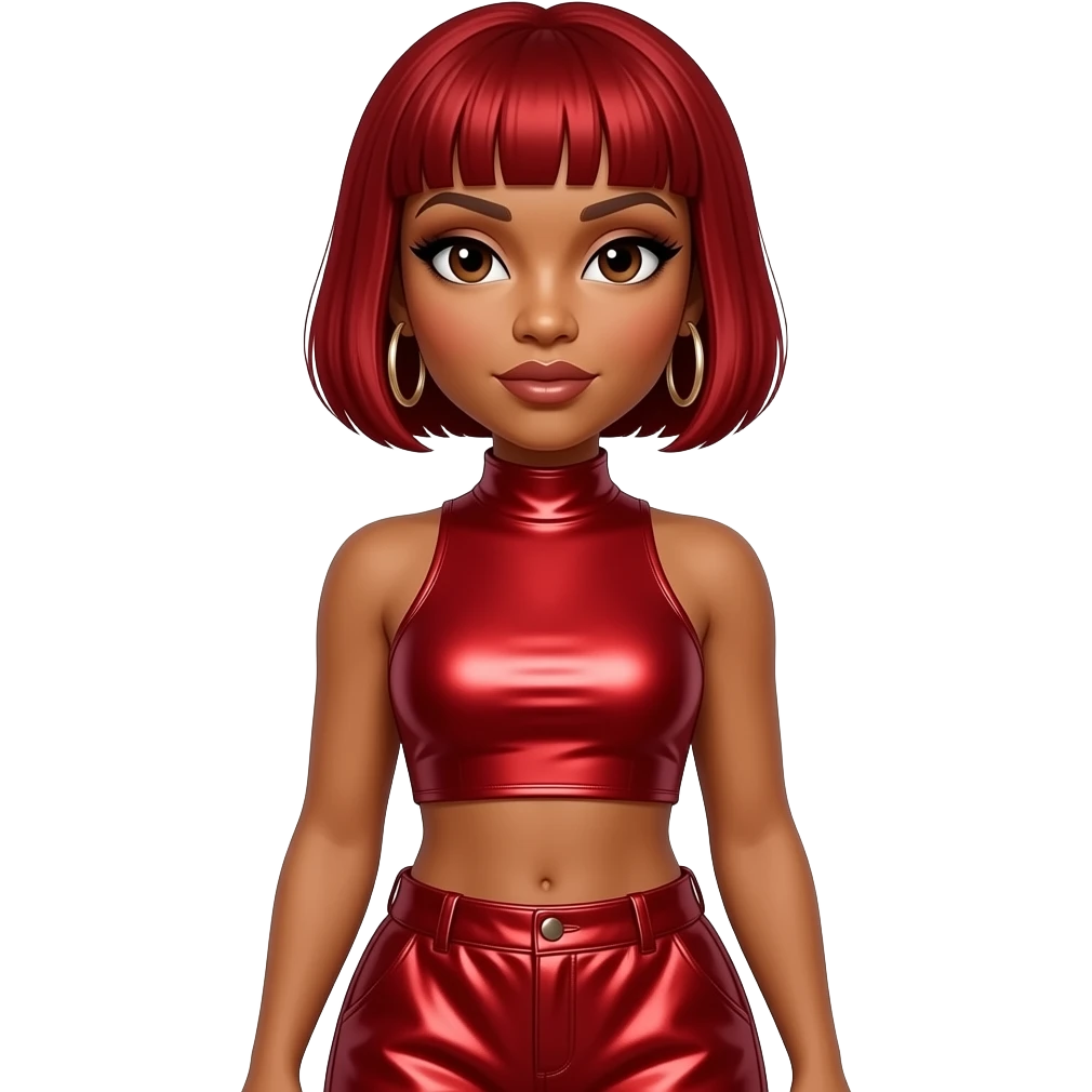 Tionne T-Boz Watkins from TLC with brown eyes, red bob hair, red metallic high neck crop top, red metallic baggy pants, earrings emoji