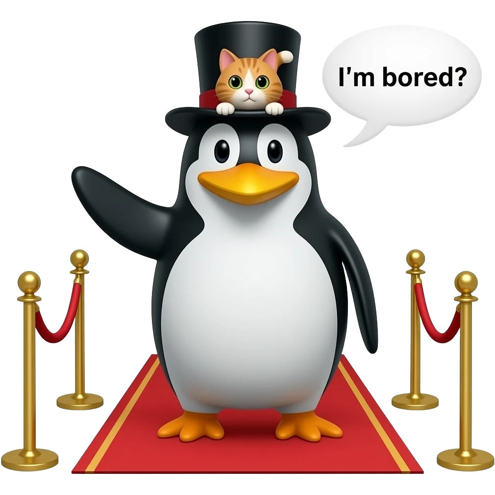 A wizard penguin with a cat in top hat, saying I’m bored, rolling out a red carpet emoji