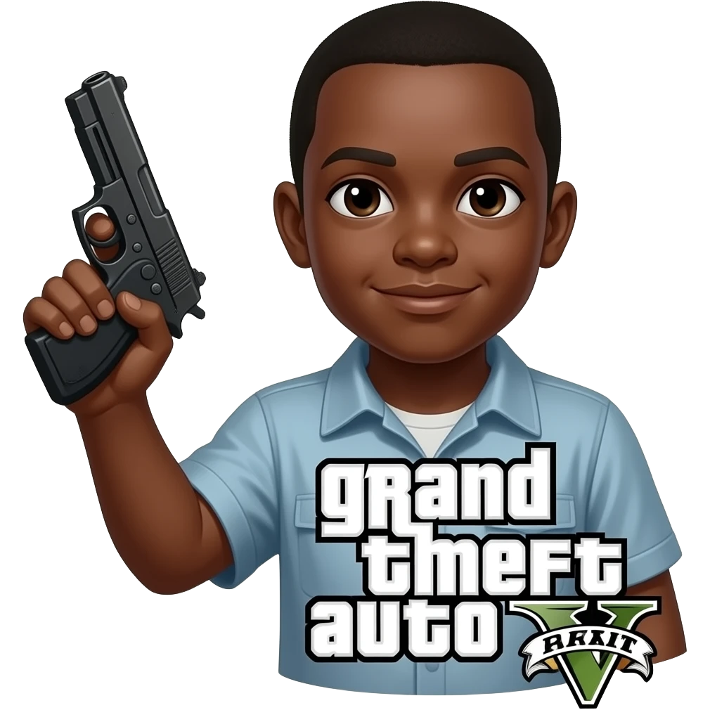 A kid Franklin that has a gun which is skin color is black and from GTA5 That is a boy That has a grand theft auto V. Sign in the front emoji