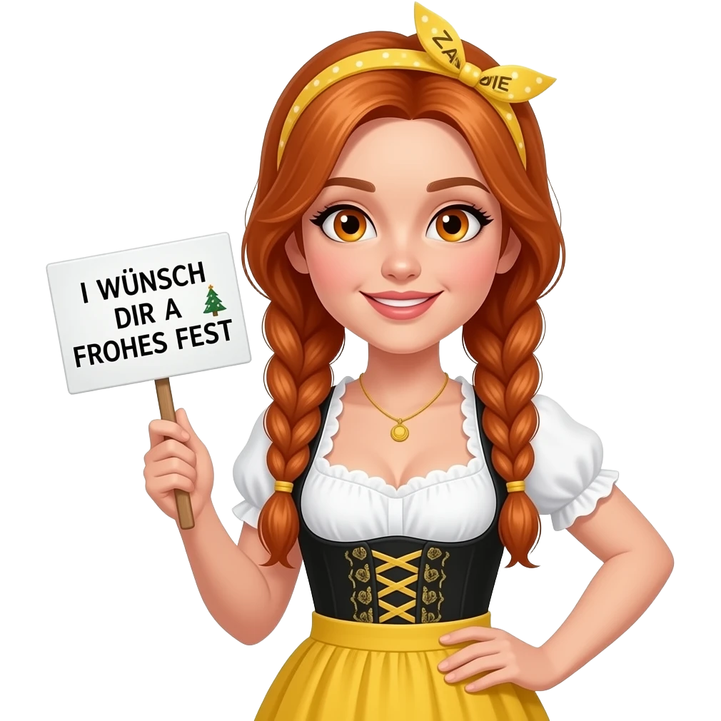 sexy girl with overlong ginger braids and ginger eyes wearing a yellow dirndl and a yellow headband with ZADIE written on it, is holding a sign with I WÜNSCH DIR A FROHES FEST 🎄 written on it emoji