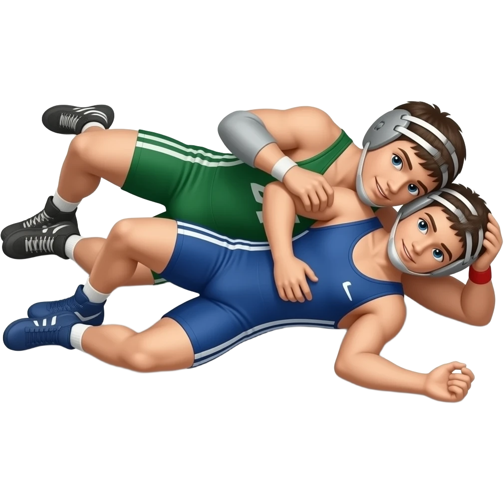 Erstelle ein Bild von zwei Uni-Wrestler in kurzen, knappen und engen Wrestler-suits, die beiden haben unterschiedlich Farben an (Grün und blau) und sie ringen liegend miteinander auf dem Boden emoji