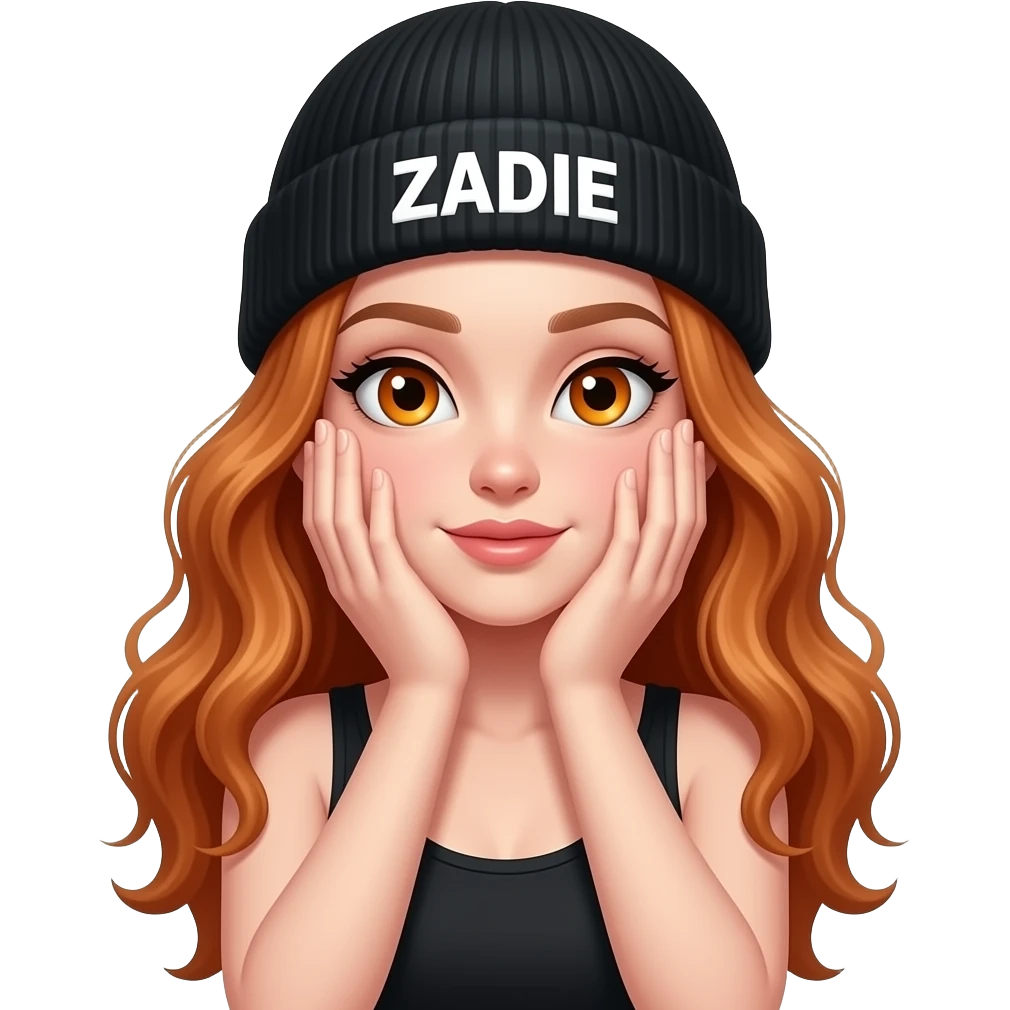 sexy girl with overlong wavy ginger hair and ginger eyes wearing a black tanktop and a black beanie with ZADIE written on it, is covering her face with both hands emoji