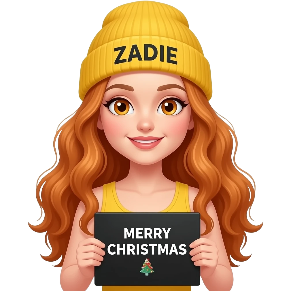sexy girl with overlong wavy ginger hair and ginger eyes wearing a yellow tanktop and a yellow beanie with ZADIE written on it, is holding a black sign with just MERRY CHRISTMAS 🎄 on it emoji