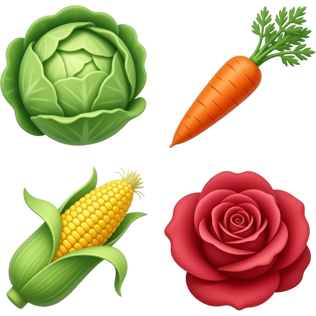 2x2 row of cabbage rosette, carrot with sprig, stalk of corn, and a ...