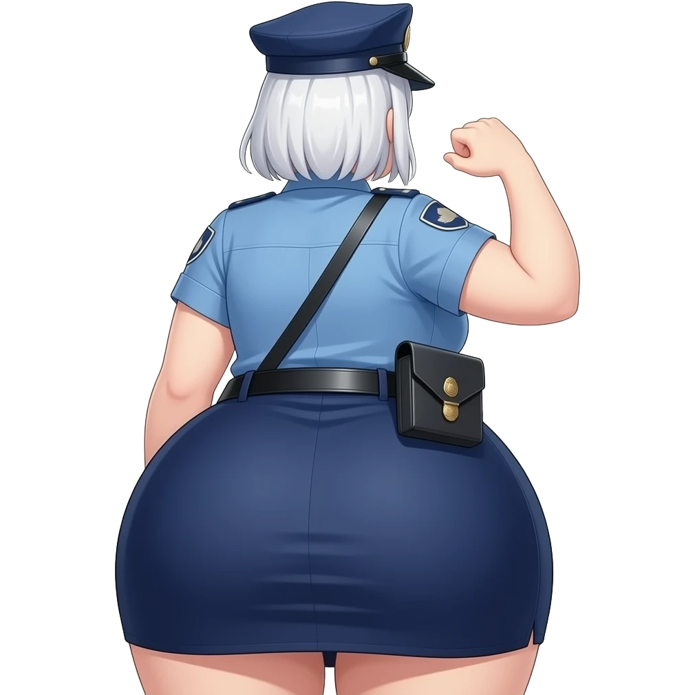 Anime extremely fat big booty a white female creature cosplaying police woman showing back her buttocks with her long fabric dark blue dress and her hand squeezing her right buttock emoji