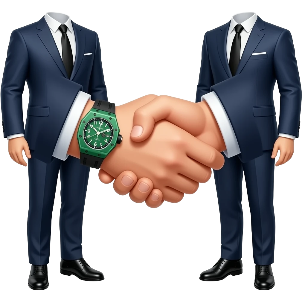 create me hand shake where one of two hands have green richard mille watch on hand, and this hand with watch is on left side, both hands have suit on. isolated and centered with padding on both sides to avoid cropping. Give a lot of details to this suits emoji