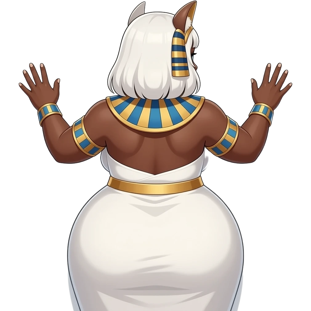 African Anime extremely fat big booty a white hair female creature cosplaying Egyptian girl showing back her buttocks with putting her hands behind the wall with her white dress emoji