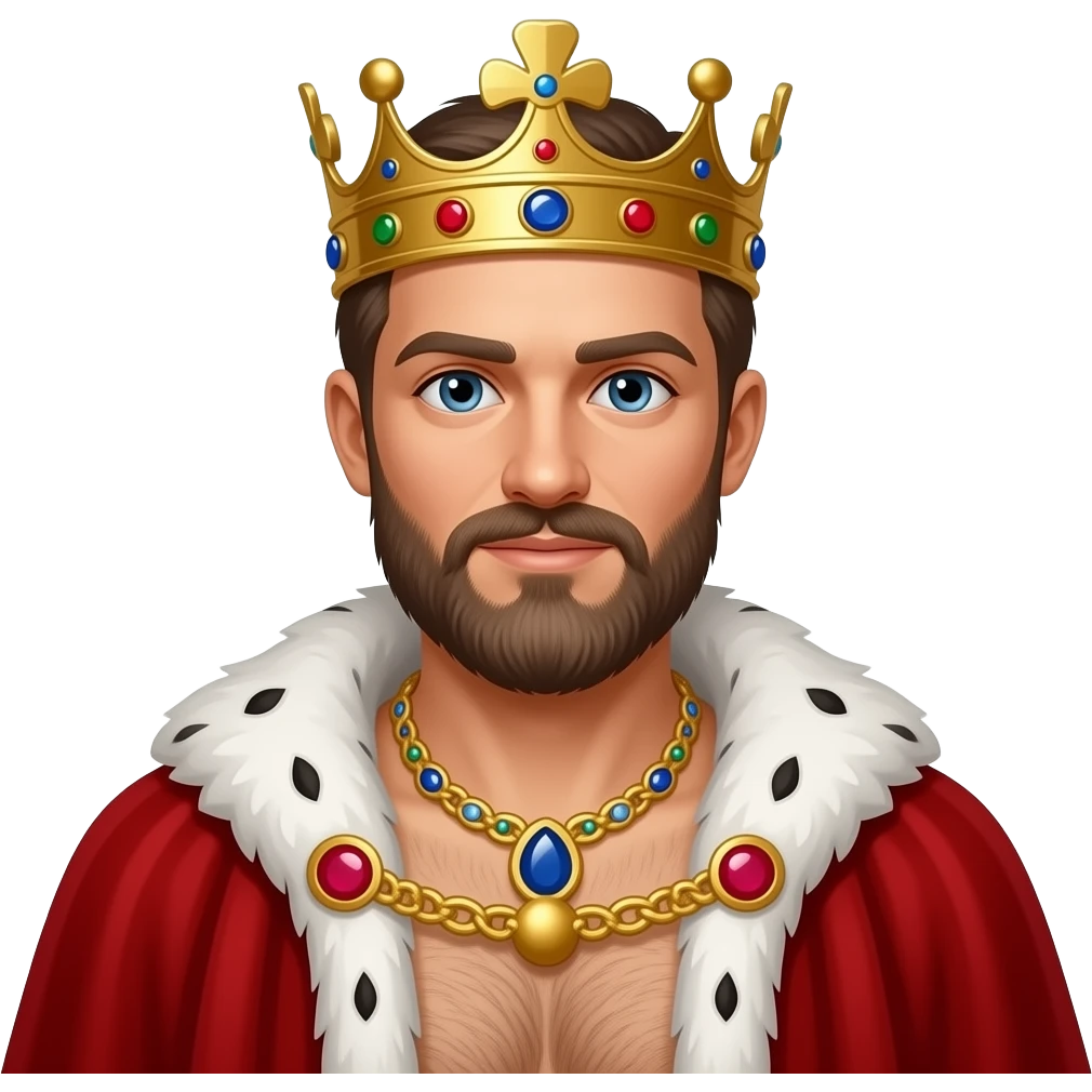 Erstelle ein Nahaufnahme von einem König mit Bart und Krone, er trägt eine Goldkette mit Edelsteinen um den Hals. Er hat kein Hemd an aber ein roten samt Umhang mit weißen Pelz um seine Schulter. Unter dem Umhang sieht man seine behaarte männliche Brust emoji
