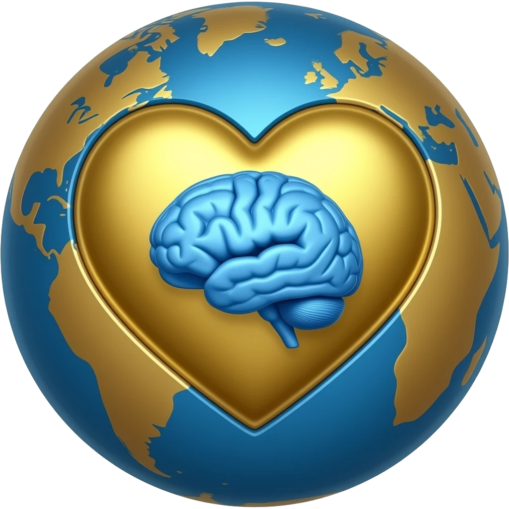 add a big gold heart in the middle of the blue and golden globe and a blue brain in the middle of the heart emoji