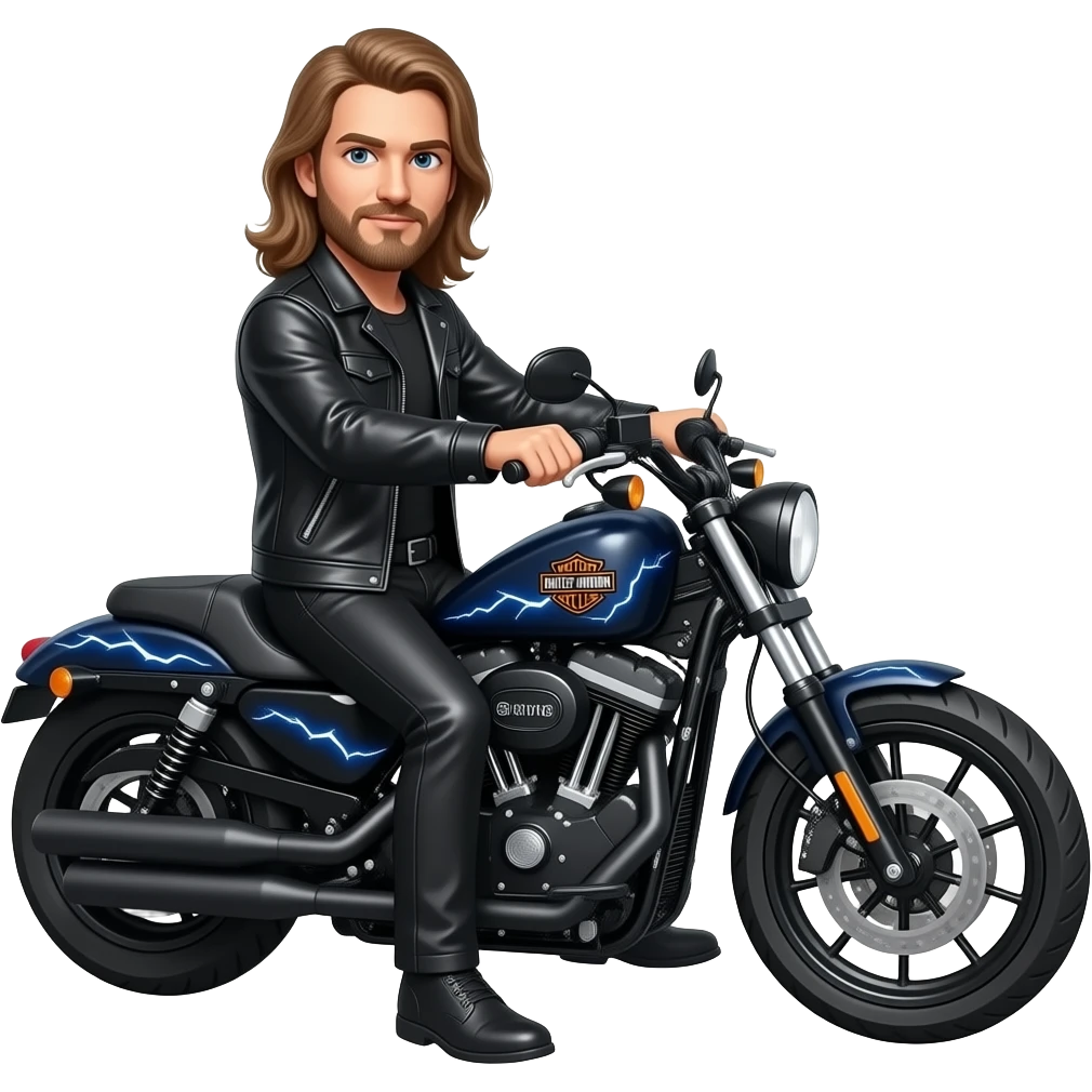 Guy with long hair, black leather clothes, on a black Harley Davidson with lightening on the sides. Saying happy father's day! emoji