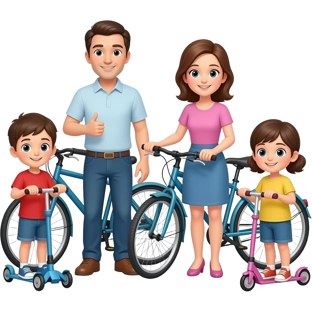 папа и мама стоят около велосипедов  дети на самокатахх emoji