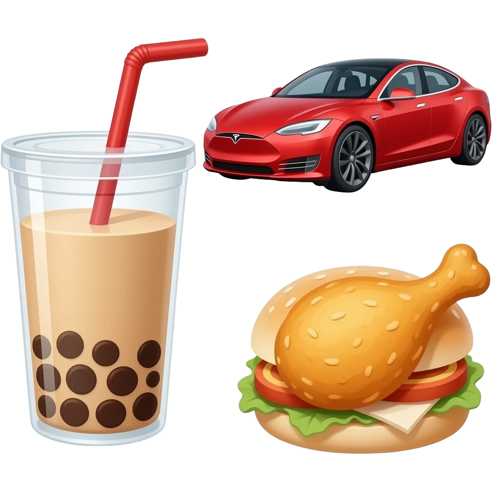 boba tea, tesla and fried chicken in a sandwich emoji