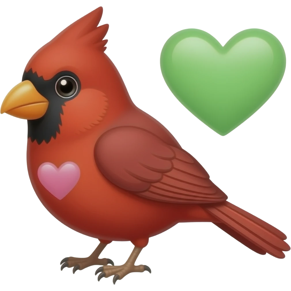 Red cardinal with pink heart and green heart emoji