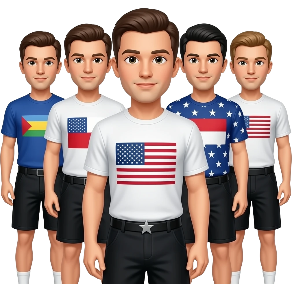 make them all have their flags on their shirts and give them black shorts with a star belt emoji