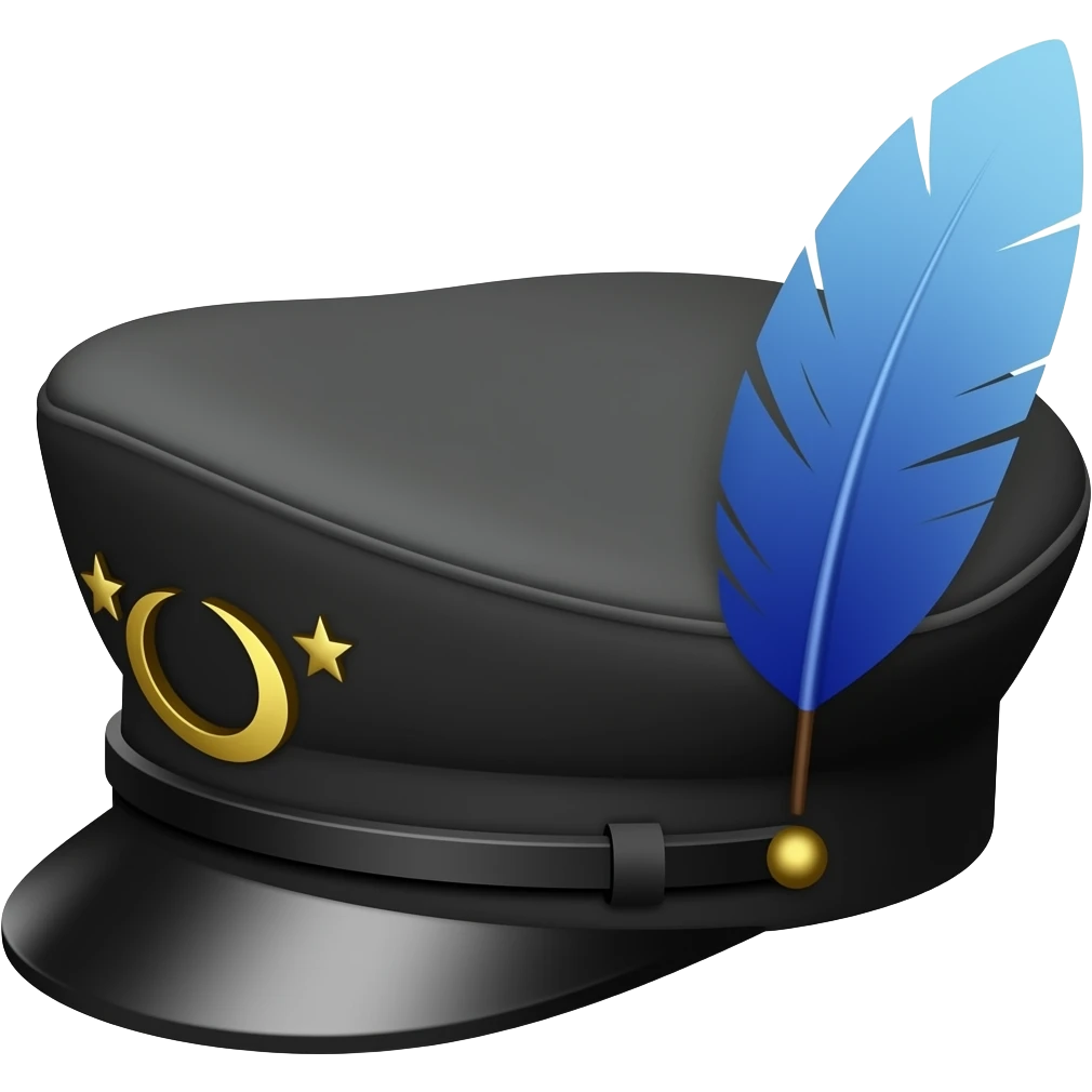 Black Breton Cap military hat with gold stars and crescent pins on the side, and a sky blue feather on the side pointing backwards emoji