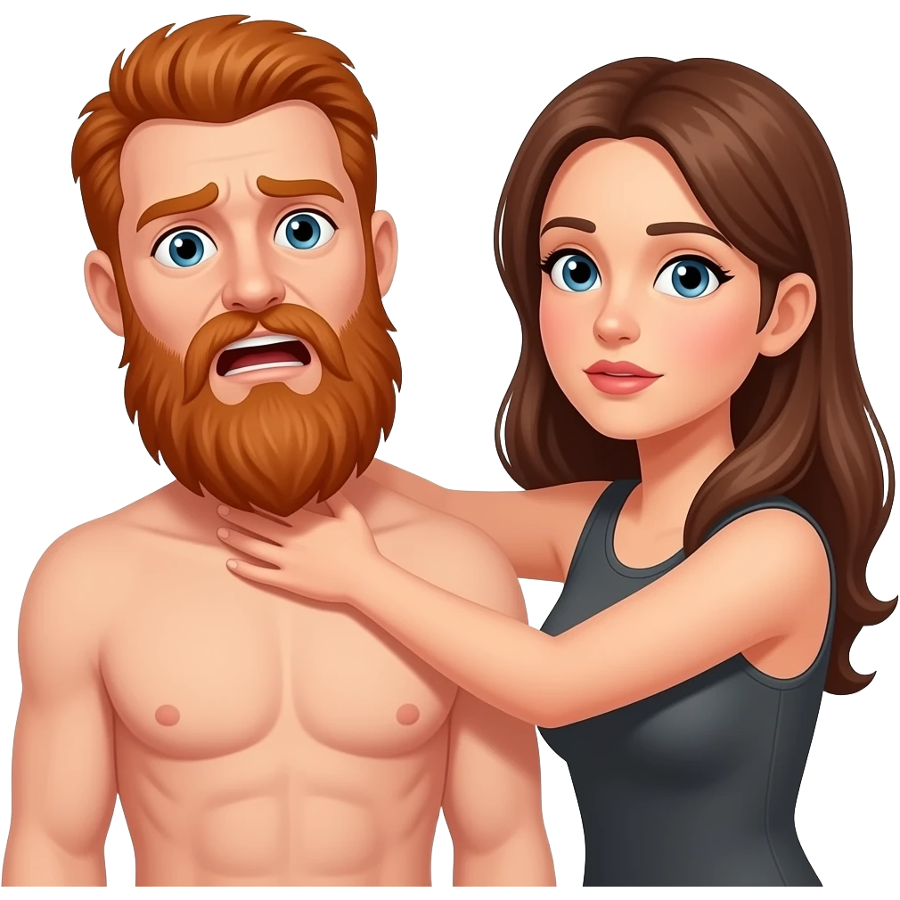 naked scared man with long red beard getting choked by female arm emoji