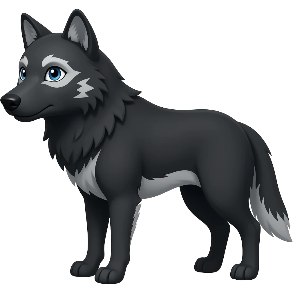 black wolf with blue eyes and greyish white markings over the left eye around the eye,  and a bit of white on theunderbelly and tail emoji