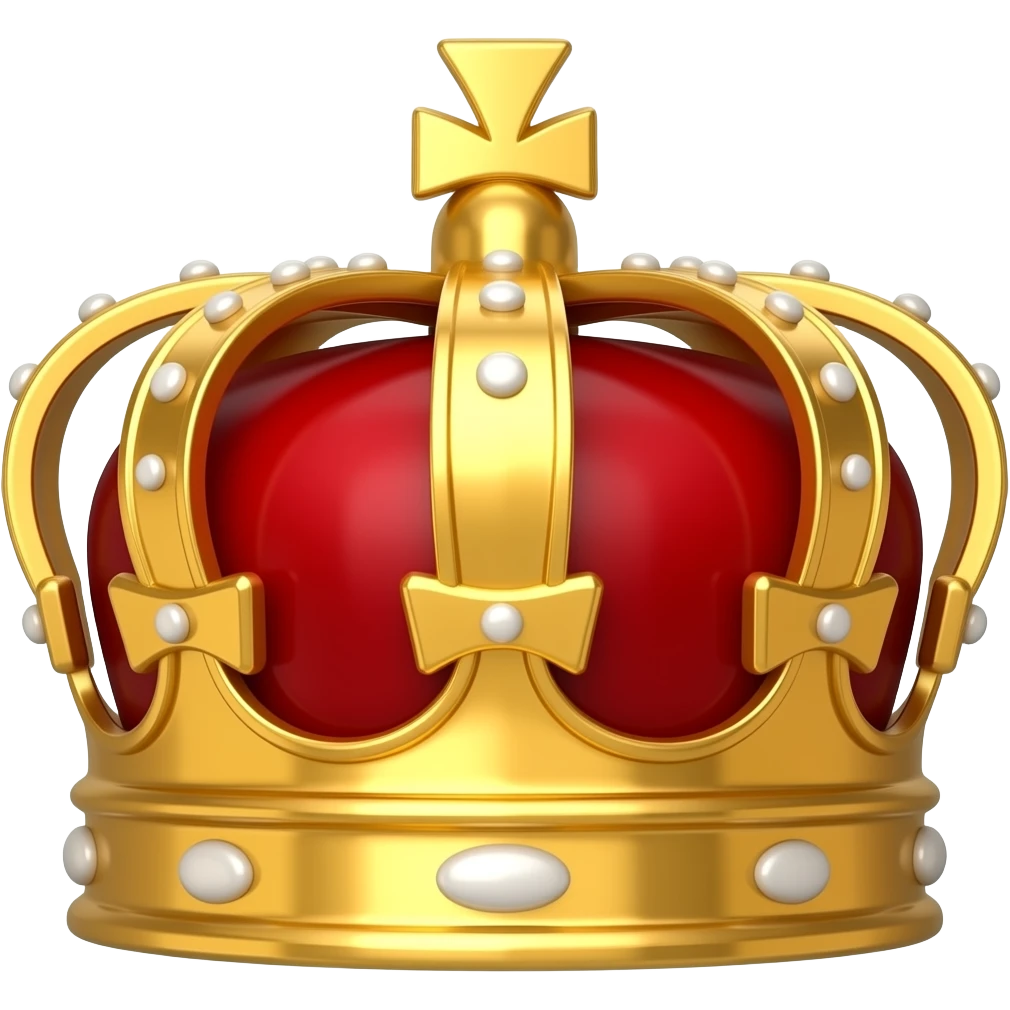 Single identical golden king crown emoji, shiny gold metal, red velvet interior, front-facing, clean cartoon emoji style, centered, transparent background. emoji